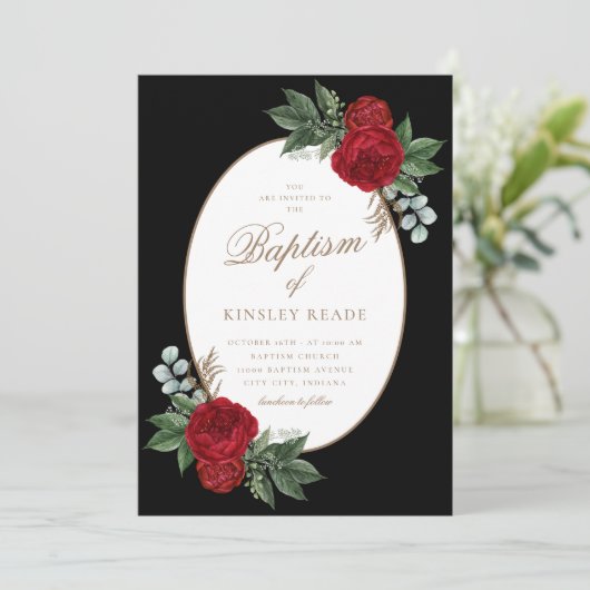 Elegante gouden script rode pioenen doop kaart (Staand voorkant)