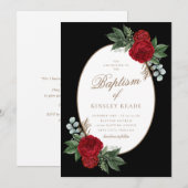 Elegante gouden script rode pioenen doop kaart (Voorkant / Achterkant)