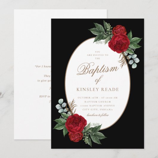 Elegante gouden script rode pioenen doop kaart (Voorkant / Achterkant)