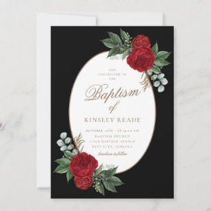 Elegante gouden script rode pioenen doop kaart