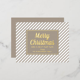 Elegante gouden script taupe strepen vrolijk kerst folie feestdagen briefkaart