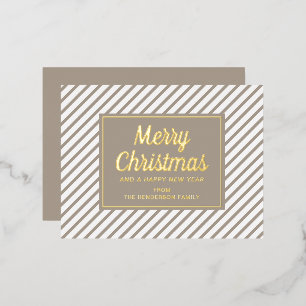 Elegante gouden script taupe strepen vrolijk kerst folie feestdagen briefkaart
