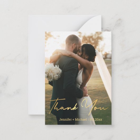 Elegante gouden script trouwfoto Dank u Notitiekaartje (Voorkant)