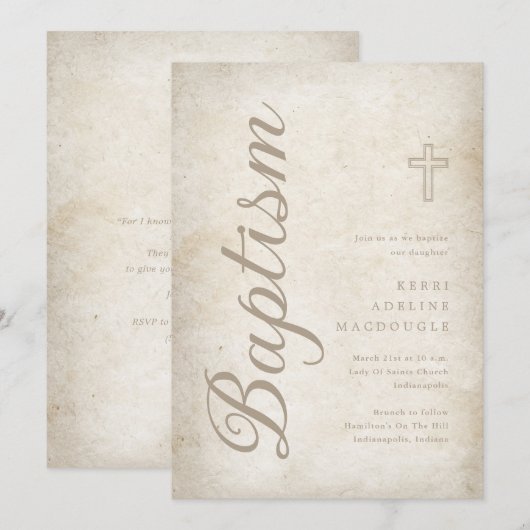 Elegante gouden script verouderde perkament doop kaart (Voorkant / Achterkant)