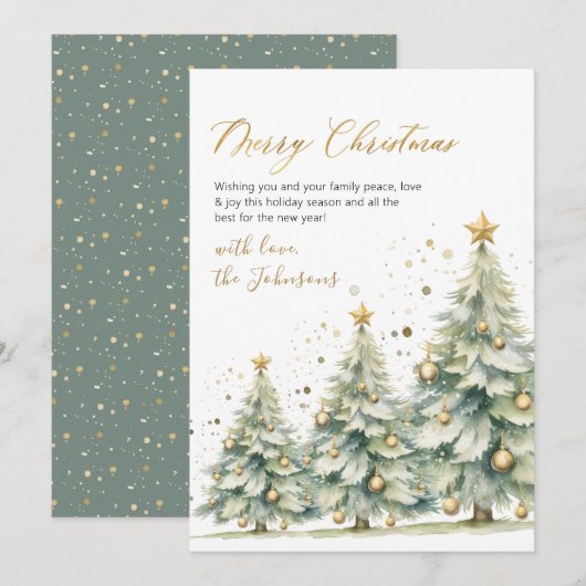 Elegante Gouden Script Waterverf Kerstboom Feestdagenkaart (Voorkant / Achterkant)