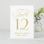 Elegante gouden script witte tafelnummerkaart kaart (Staand voorkant)