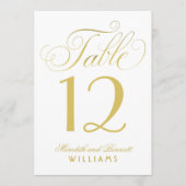 Elegante gouden script witte tafelnummerkaart kaart (Voorkant)