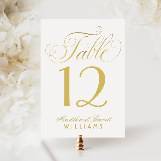 Elegante gouden script witte tafelnummerkaart kaart