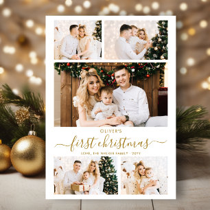 Elegante Gouden Scriptie Baby's Eerste Kerstmis 5 Feestdagenkaart