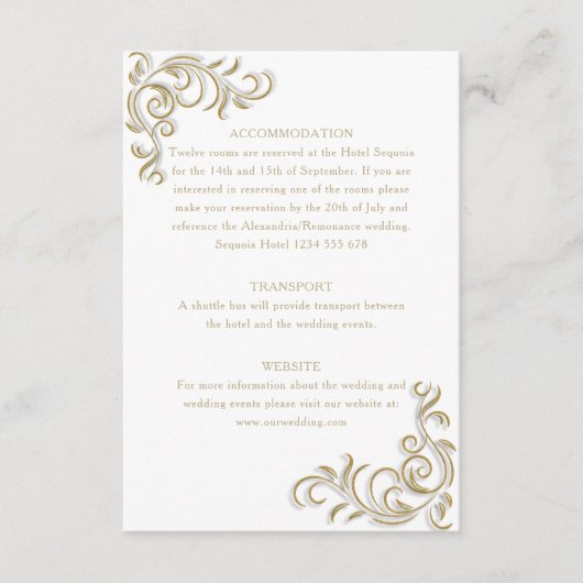 Elegante gouden scroll gastinformatie informatiekaartje (Voorkant)