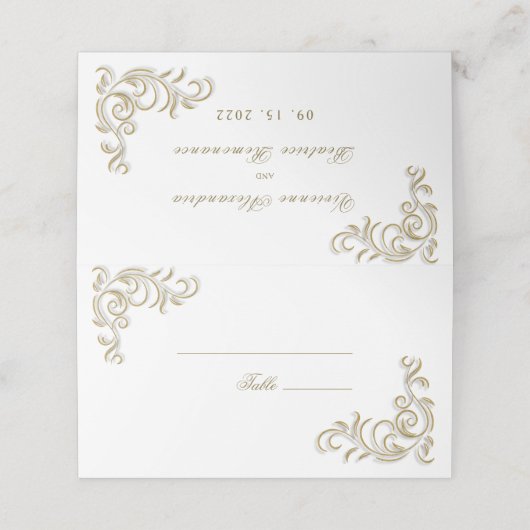 Elegante gouden scroll tafel plaats kaart plaatskaartje (Buitenkant ongevouwen)