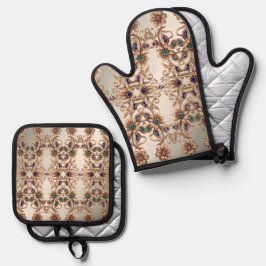 Elegante Gouden Sierbloemen Ovenwant & Pannenlap Set