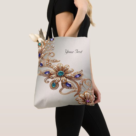 Elegante Gouden Sierbloemen Tote Tas (Dichtbij)