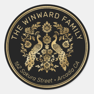 Elegante Gouden Sierlijke Pauw op Zwarte Adres Ronde Sticker