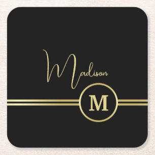 Elegante gouden signatuurmonogram op zwart kartonnen onderzetters