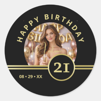 Elegante gouden signatuurmonogram op zwart ronde sticker