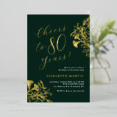 Elegante gouden smaragd 80e verjaardag folie uitnodiging (Staand Voorkant)