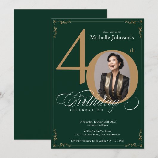 Elegante gouden smaragdgroene 40e verjaardag kaart (Voorkant / Achterkant)
