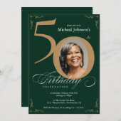 Elegante gouden smaragdgroene 50e verjaardag kaart (Voorkant / Achterkant)