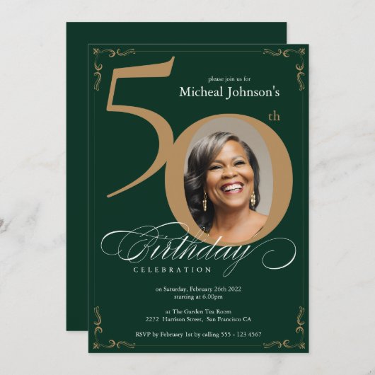 Elegante gouden smaragdgroene 50e verjaardag kaart (Voorkant / Achterkant)