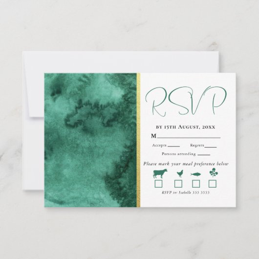 Elegante gouden smaragdgroene kleur was bruiloft RSVP kaartje (Voorkant)