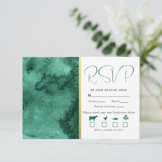 Elegante gouden smaragdgroene kleur was bruiloft RSVP kaartje (Staand voorkant)