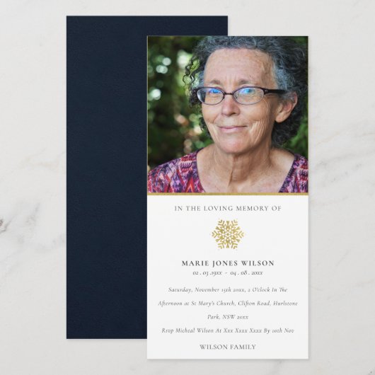 Elegante gouden sneeuwvlok Foto Memorial Service K Bedankkaart (Voorkant / Achterkant)