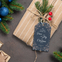 Elegante gouden sneeuwvlokken Peace Joy Blue Cadeaulabel