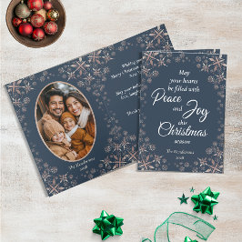 Elegante gouden sneeuwvlokken Peace Joy Blue Foto Feestdagen Kaart