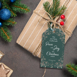 Elegante gouden sneeuwvlokken Peace Joy Green Cadeaulabel