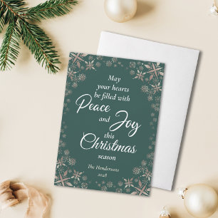 Elegante gouden sneeuwvlokken Peace Joy Green Feestdagenkaart