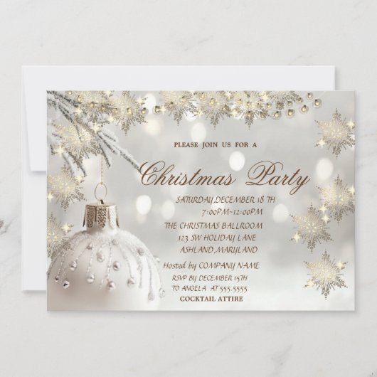Elegante gouden sneeuwvlokken, witte bal kerstfees kaart (Voorkant)
