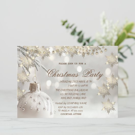 Elegante gouden sneeuwvlokken, witte bal kerstfees kaart (Staand voorkant)