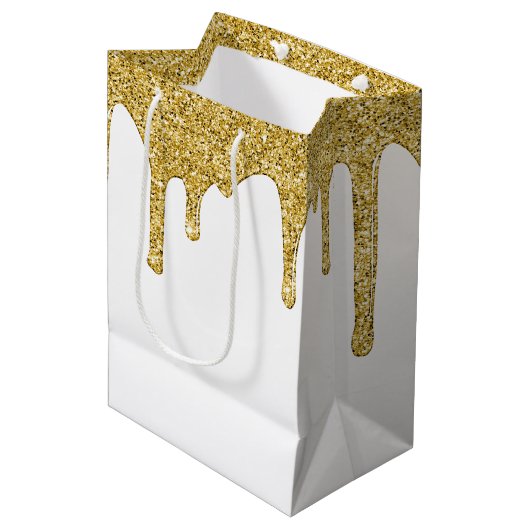 Elegante Gouden Sparkle Glitter Drips Medium Cadeauzakje (Voorkant Gekanteld)
