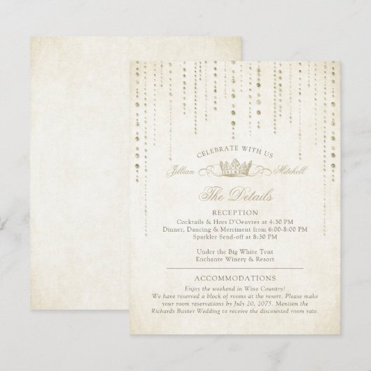 Elegante gouden sprookjeskroon informatiekaartje (Voorkant / Achterkant)