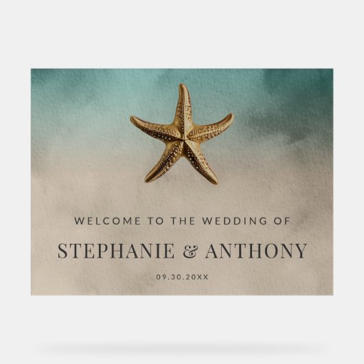 Elegante gouden Starfish Beach-thema bruiloft Acryl Bord (Voorkant)