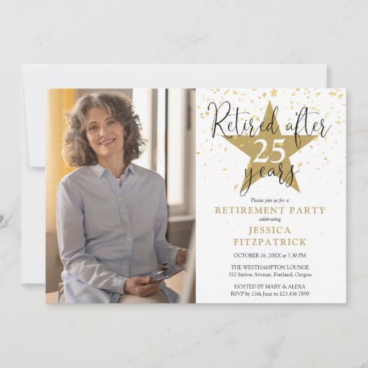 Elegante gouden sterren foto pensioen partij kaart (Voorkant)