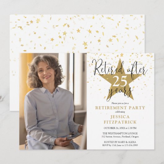 Elegante gouden sterren foto pensioen partij kaart (Voorkant / Achterkant)