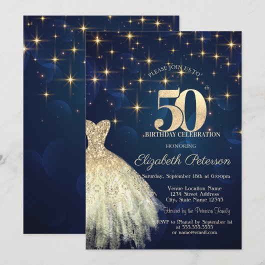 Elegante gouden sterren jurk Navy Blue 50ste verja Kaart (Voorkant / Achterkant)