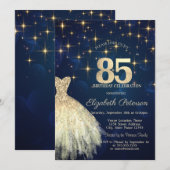 Elegante gouden sterren jurk Navy Blue 85th Birthd Kaart (Voorkant / Achterkant)