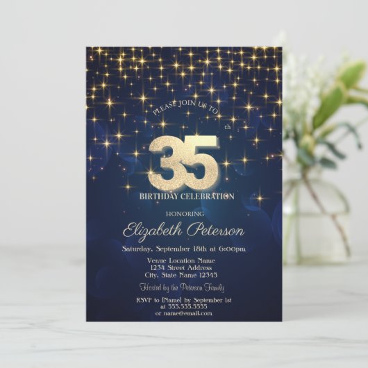 Elegante Gouden Sterren Navy Blauw 35e Verjaardags Kaart (Staand voorkant)
