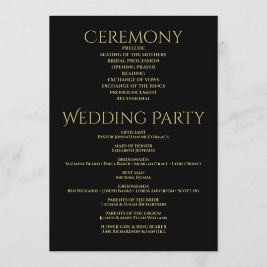 Elegante gouden sterren op zwarte feestelijke brui programmakaart (Achterkant)