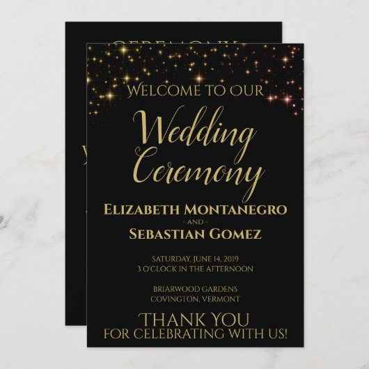 Elegante gouden sterren op zwarte feestelijke brui programmakaart (Voorkant / Achterkant)