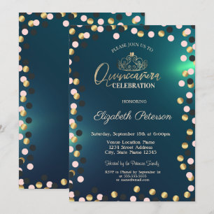 Elegante gouden stippen, Tiara Groene Quinceañera Kaart