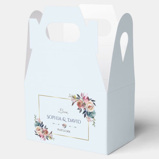 Elegante gouden stoffige blauwe roze bloemige brui bedankdoosjes (Geopend)