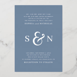 Elegante gouden stoffige blauwe typografie details folie uitnodiging