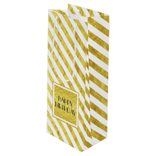 Elegante gouden strepen Happy Birthday Wijn Cadeautas (Voorkant Gekanteld)