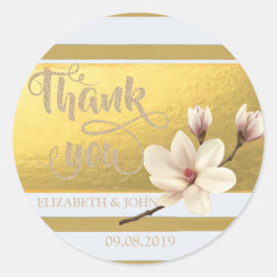 Elegante Gouden Strepen Magnolia Huwelijkssticker Ronde Sticker