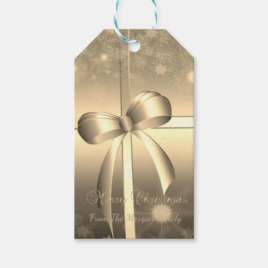 Elegante, gouden strik, confetti cadeaulabel (Voorkant)