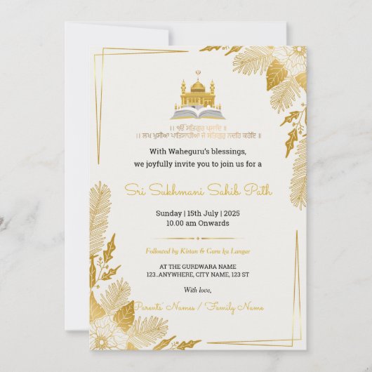 Elegante Gouden Sukhmani Sahib Path Uitnodiging (Voorkant)